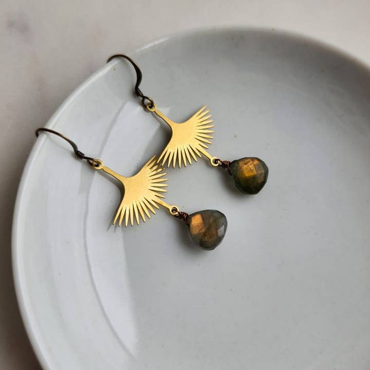 Brown Labradorite Brass Wing Earrings for wholesale by Edgy Petal Jewelry