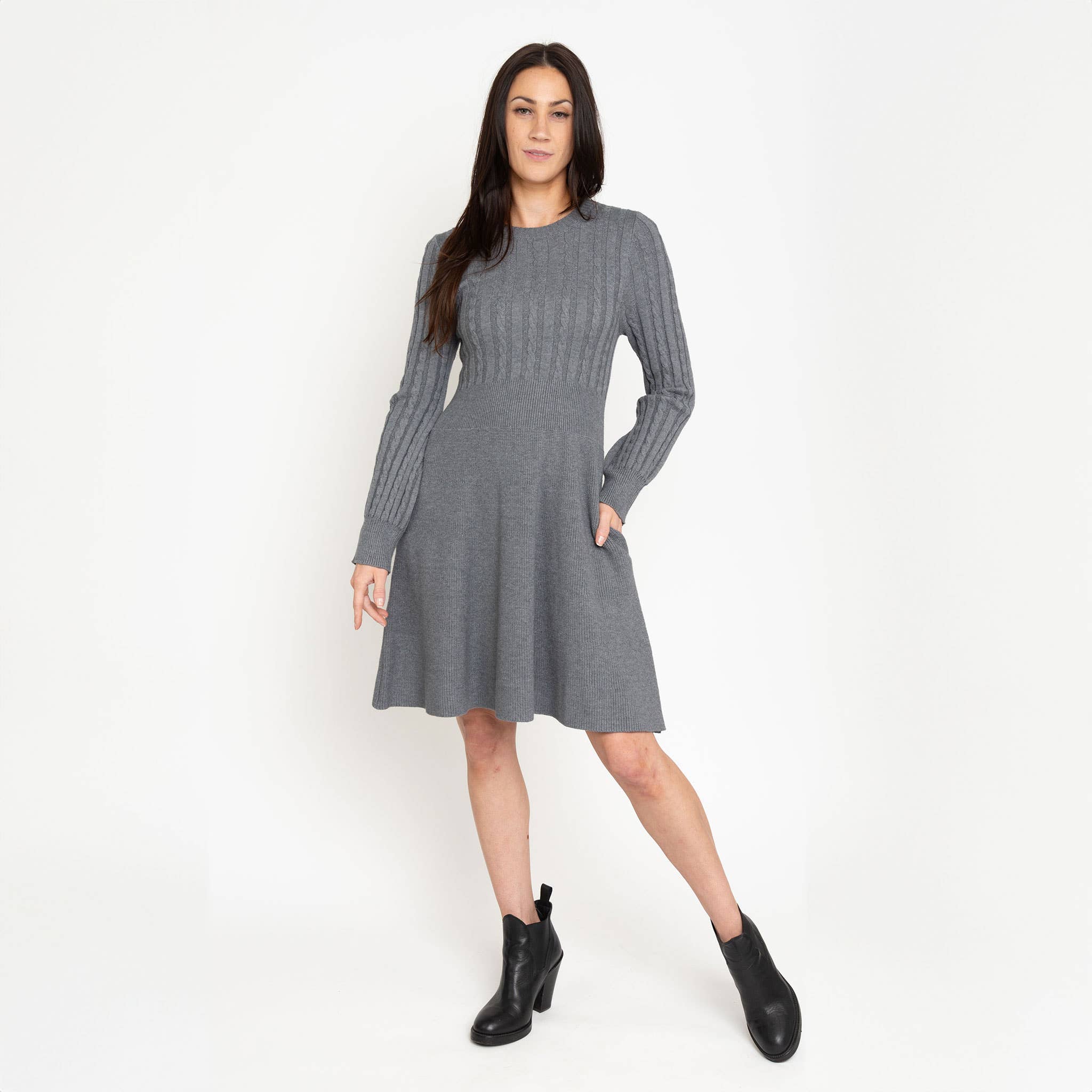 Elsie & Zoey - Wholesale Dress - Women's - Sheena Crew Neck Cable Knit Long Sleeve Sweater Dress1