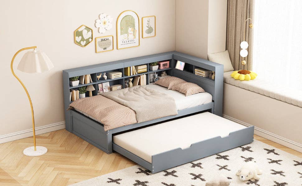 Urban Meuble - Wholesale Bed - Solid wood trundle bed gray 90*200 with USB port and multiple storage GIRCAET8