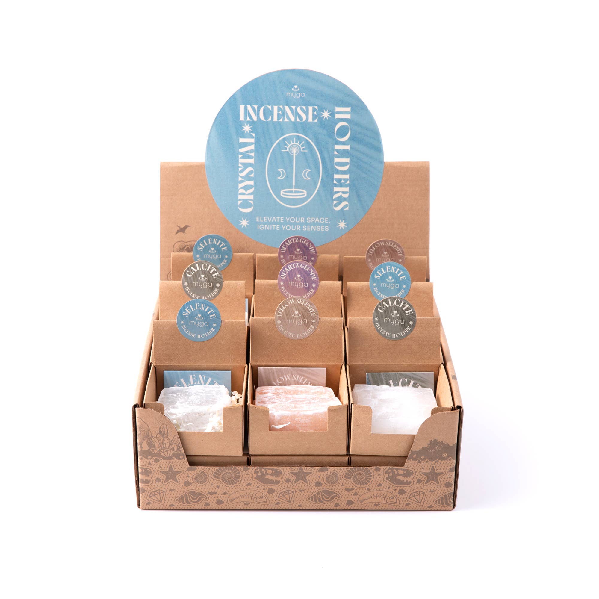 Myga - Vente Encens - Porte-Encens en Cristal avec boîte d’exposition de 18 unités0