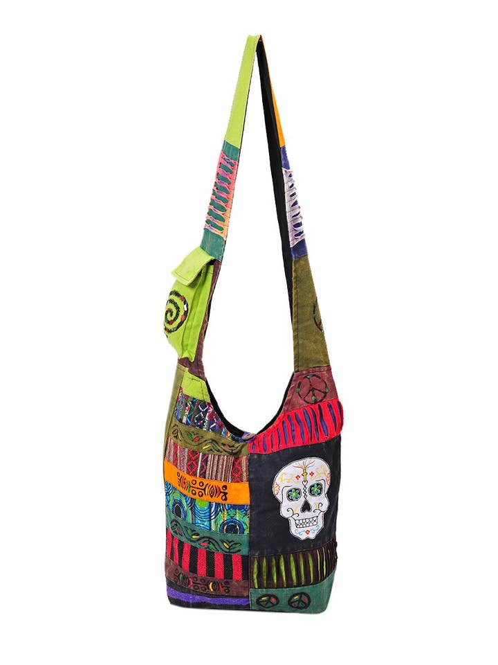 Borsa hobo a tracolla Sugar Skull con motivo floreale bohémien, hippie e boho per la vendita all'ingrosso da parte di The Collection Royal / Royal Handicrafts