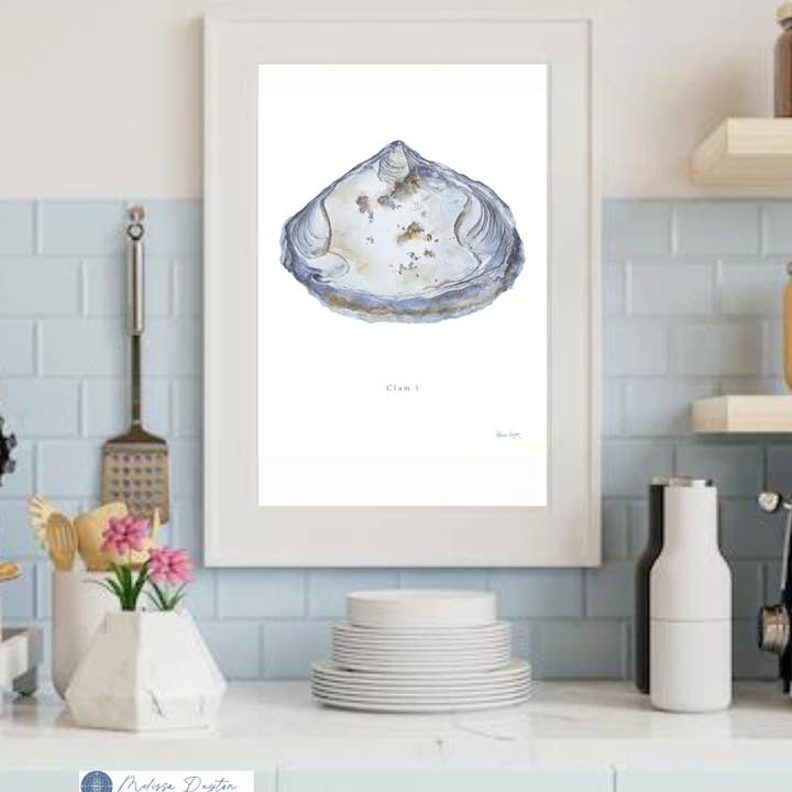 Clam 1 Watercolor Art print | Blues, Browns, and Greys for wholesale by Melissa Dayton Art and Design