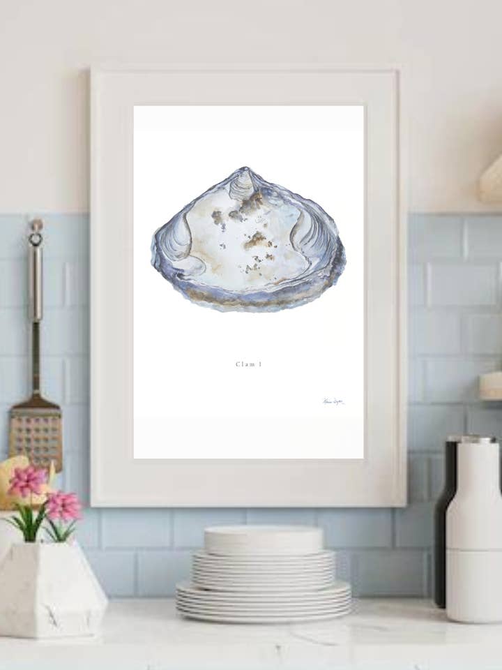 Clam 1 Aquarell-Kunstdruck | Blau-, Braun- und Grautöne für den Großhandel von Melissa Dayton Art and Design