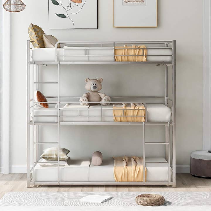 Silver Triple Metal Bunk Bed with Detachable Feature for wholesale on Faire