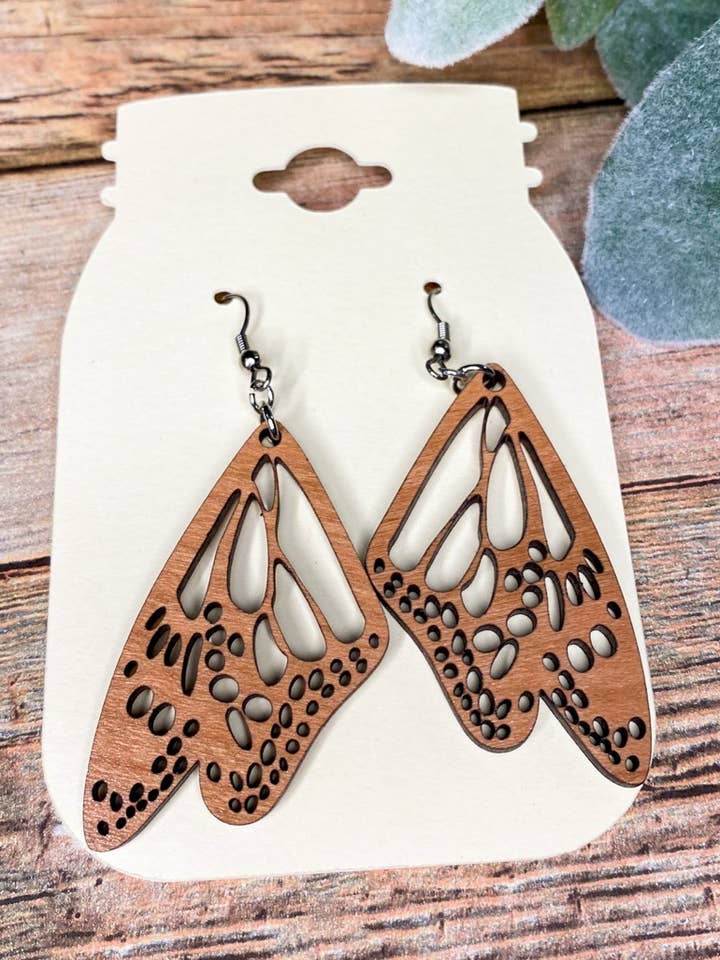 Tansy Wooden Butterfly Wing Dangle Earrings for wholesale by Rise N' Sign