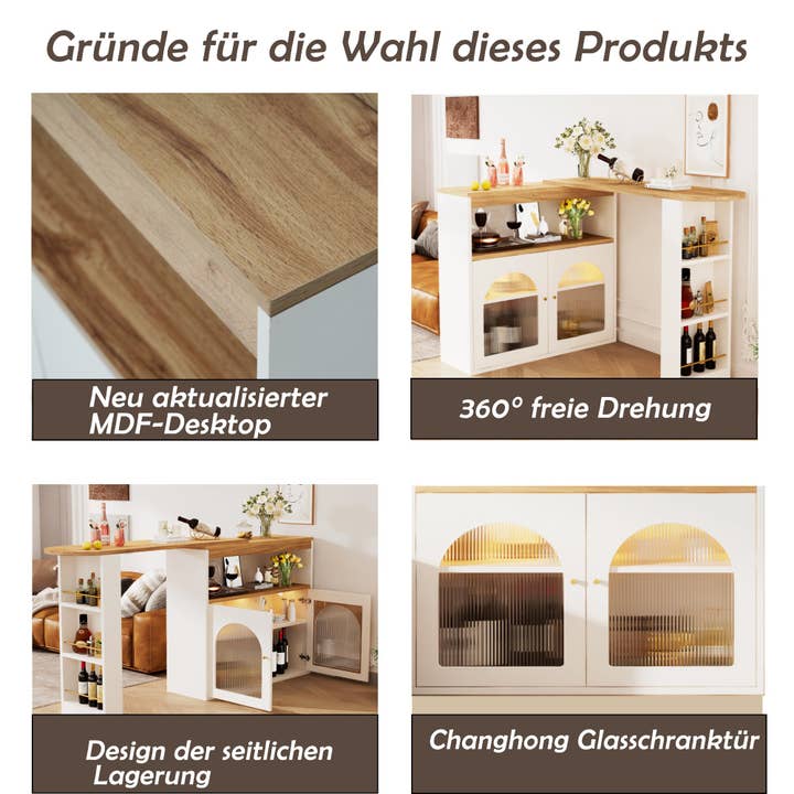 Urban Meuble - Wholesale Sideboard - Modern white rotating extendable bar table with storage and LED light strip THRUTELS WHITE21