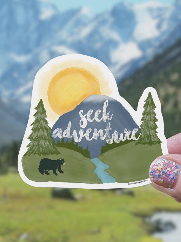 Seek Adventure Mountains Vinyl Sticker for wholesale by Lucid Moon Studio, LLC