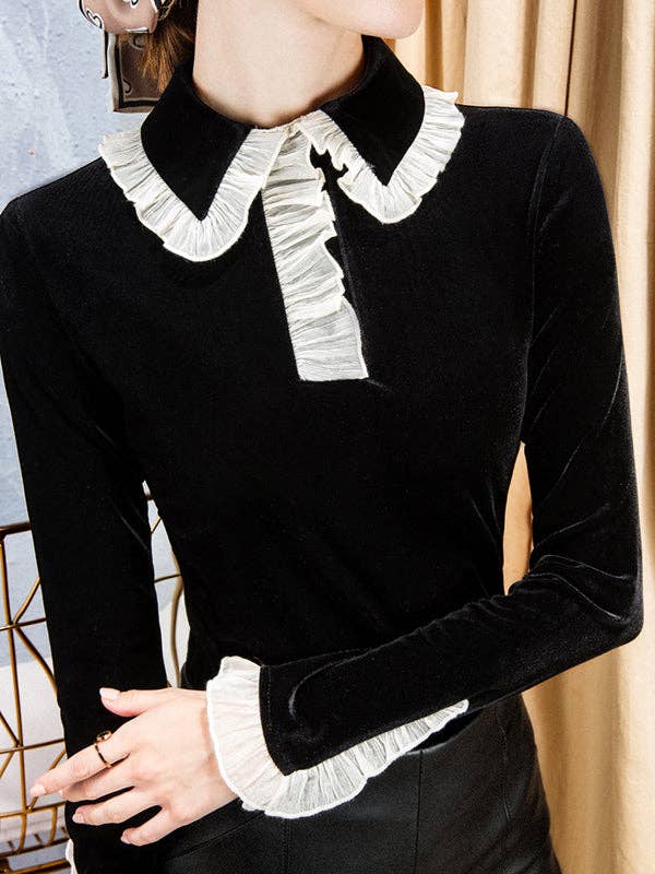 Long Sleeves Skinny Hollow Ruffled Peter Pan Collar T-Shirts Tops for wholesale by VividLux