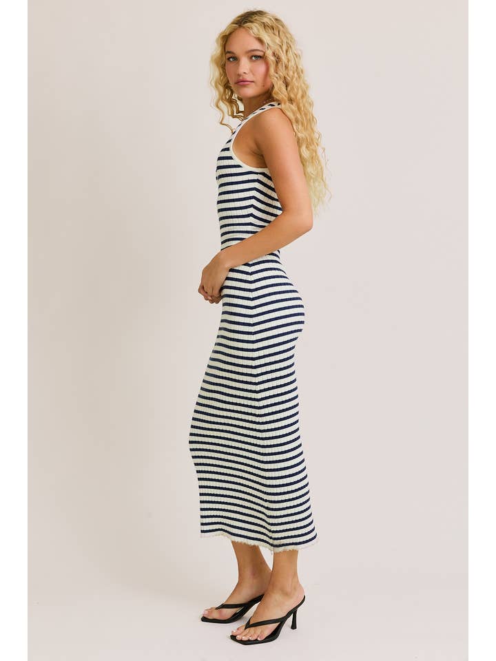 LE LIS - Wholesale Dress - Women's - SLEEVELESS ROUND NECK STRIPED RIB SWEATER DRESS1