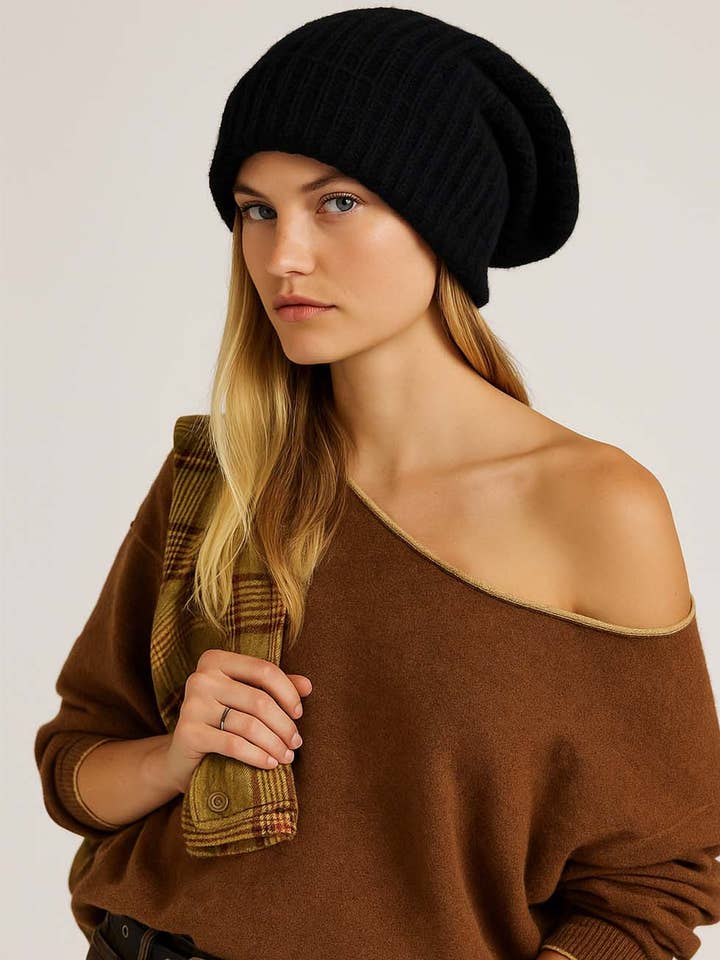 Ladies Solid Color Ribbed Knit Folded Hem Slouchy Hat for wholesale by Sweetkama