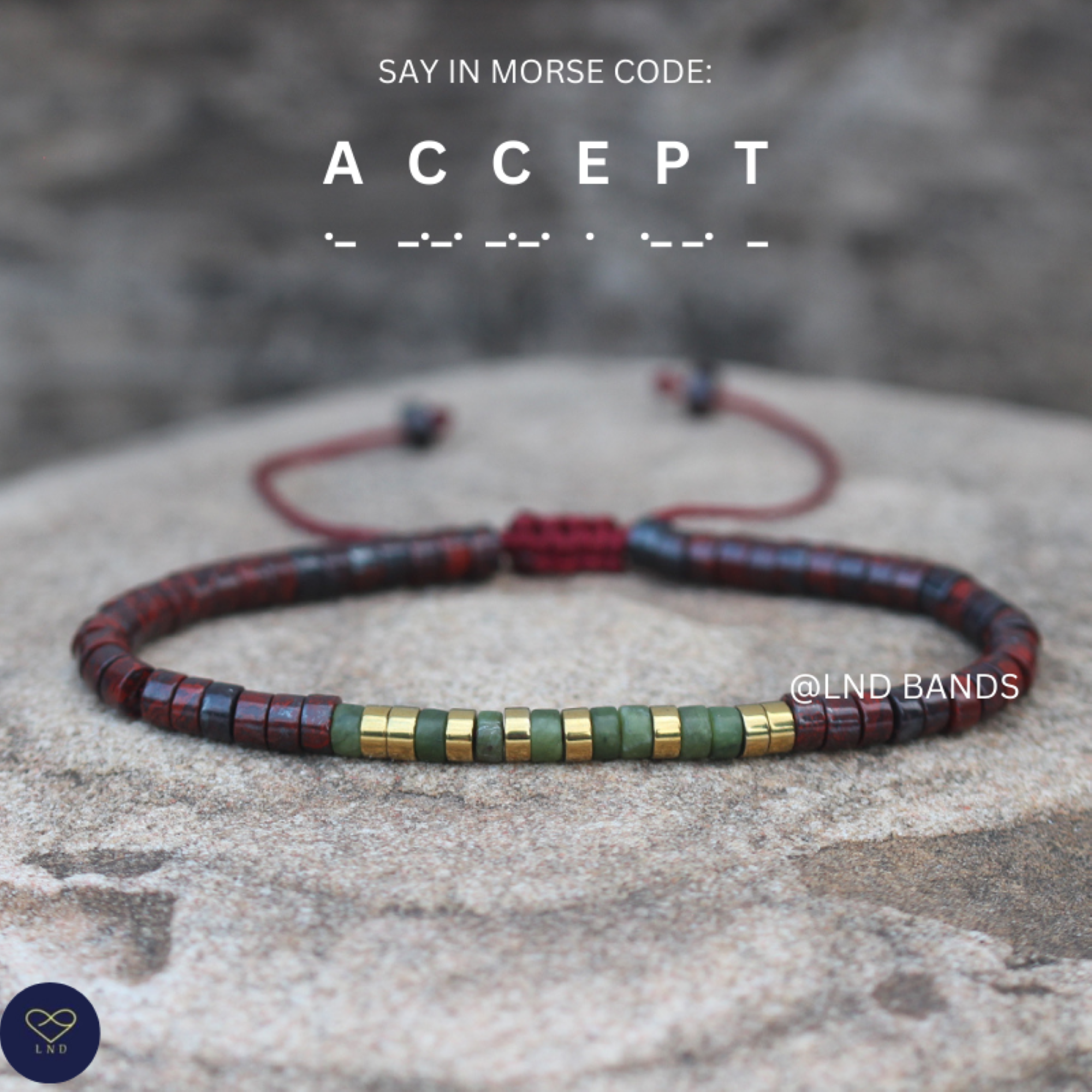LND Bands – wholesale Beaded bracelet – Morse Code ACCEPT beaded bracelet: Adjustable beaded 2x4mm, Inspiration Motivation Encouragement Affirmation uplift hidden message0