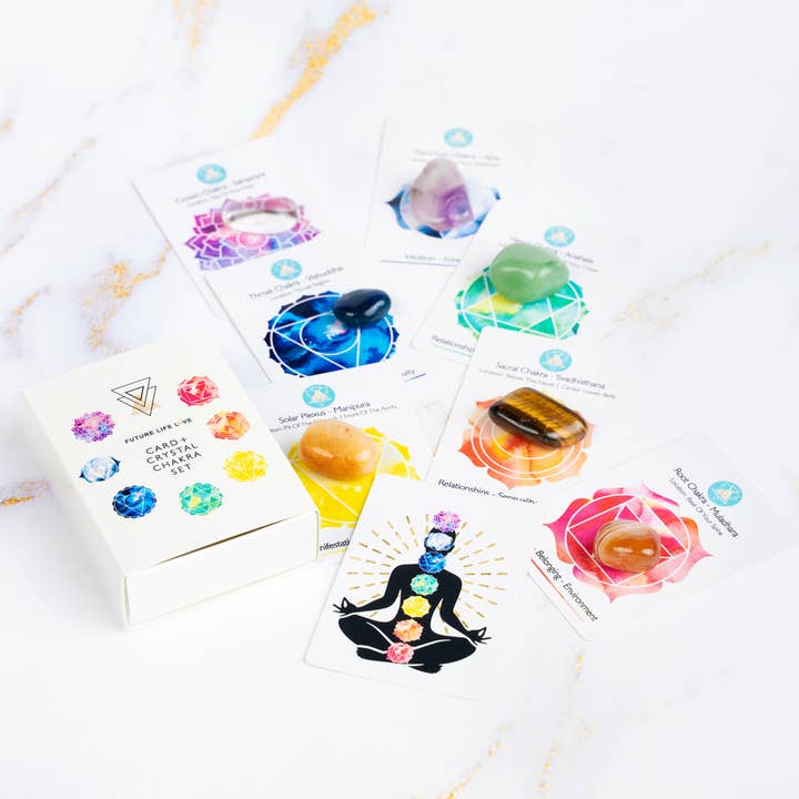 Chakra Card Set With 8 Cards and 7 Crystal Set White Box for wholesale on Faire14