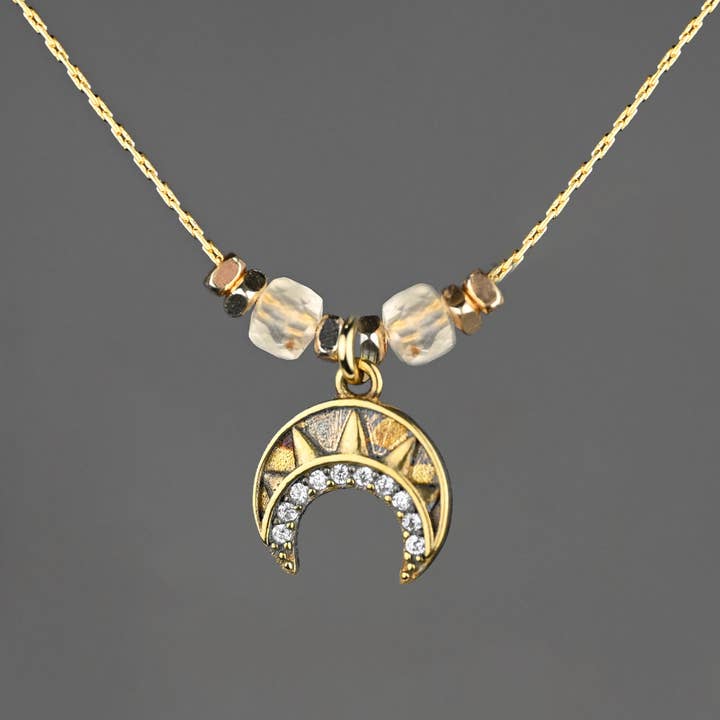 KBD Studio - Wholesale Pendant/Charm Necklace - Small Vintage Deco Pave Crescent w/ Semi Precious Stones