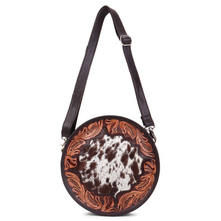Western-handbewerkte leren, ronde crossbody van rundleer voor dames voor wholesale door Sixtease Bags USA