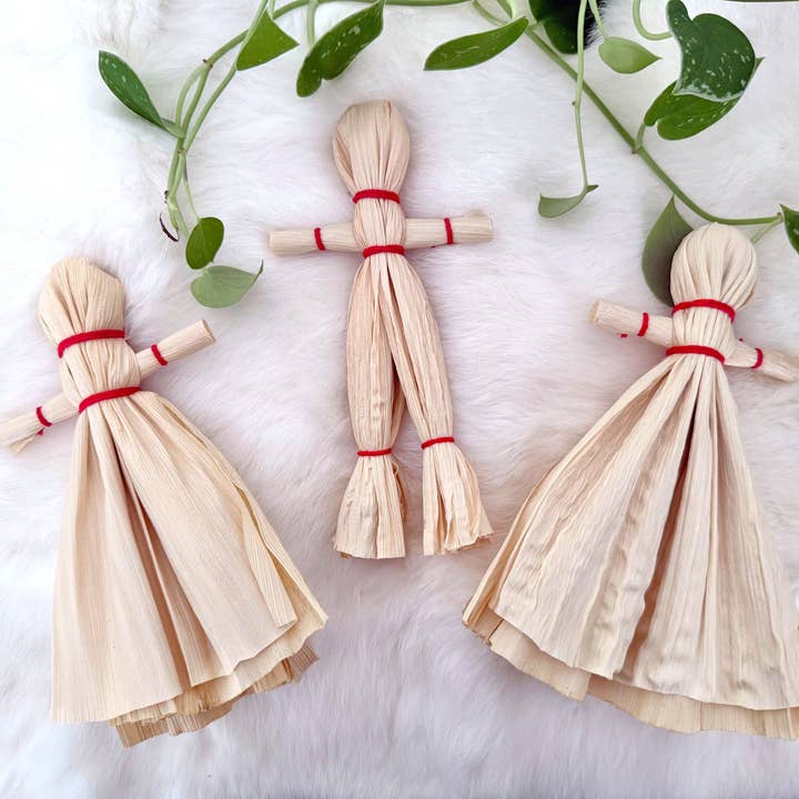 Natural Corn Husk Doll with Red Twine Wrapping / Folk Poppet for wholesale by Crimson Sage