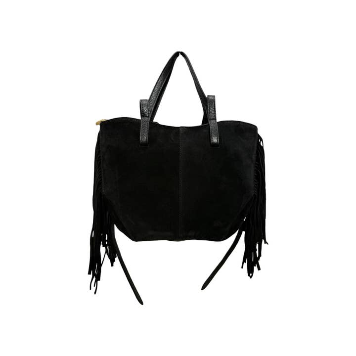 SUEDE LEATHER MINI SHOPPING BAG WITH FRINGE for wholesale by Louisa lee