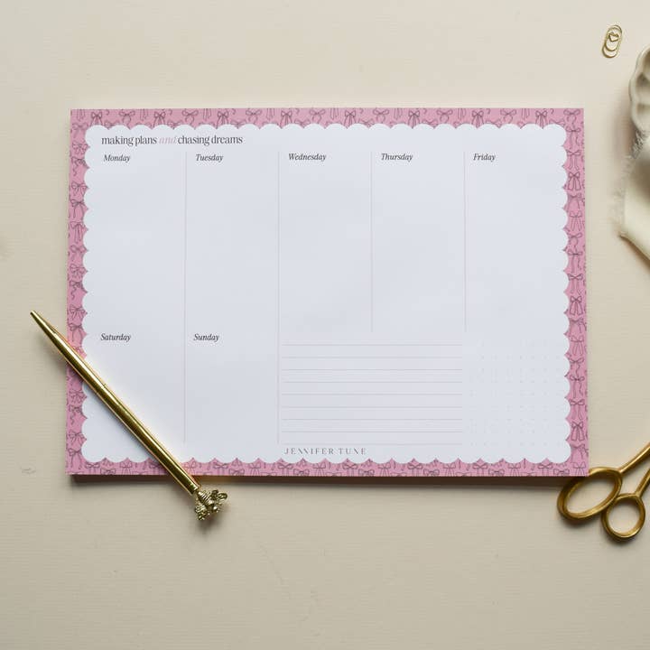 Jennifer Tune - Wholesale Notepad - Pink A4 Weekly Planner Pad with Bows Design1