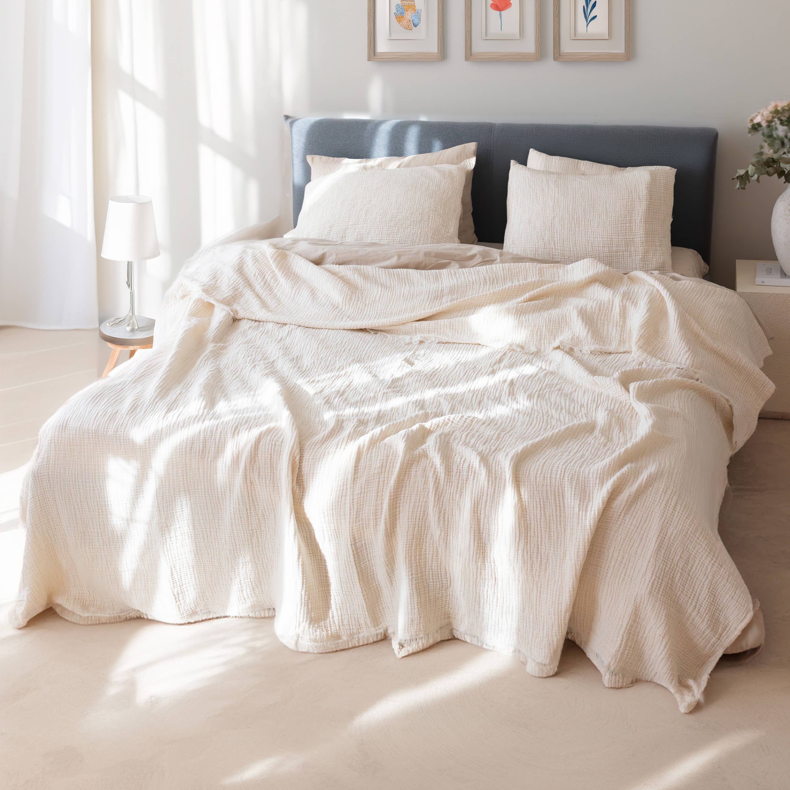 Vivamaison - Vente Plaids - Couvre-lit en mousseline frangé 100 % coton doux, 4 couches premium84