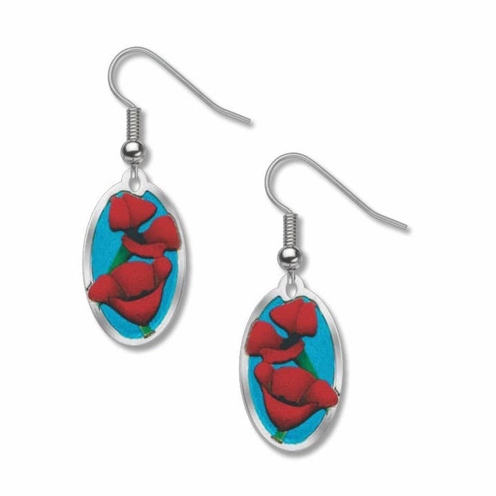 Rote Mohnblumen-Ohrringe, HERGESTELLT in den USA für den Großhandel von David Howell and Company