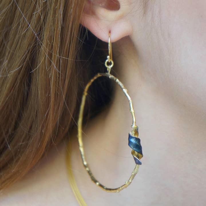 Olive Branch Earrings: Leaf Inspired Hoops (14K Gold Plated Silver) for wholesale by Mother Nature Jewelry