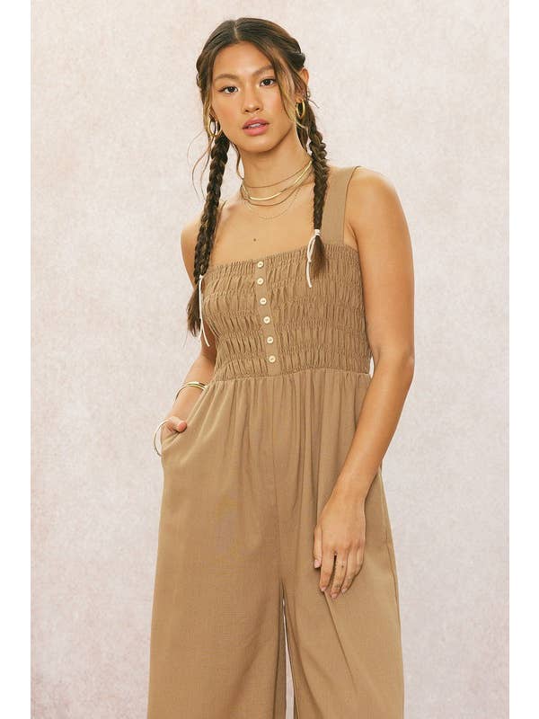 Mocha Pre Washed Linen Jumpsuit for wholesale on Faire4