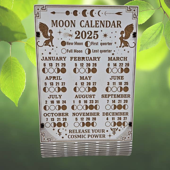 Calendario in legno con fasi lunari 2025 per la vendita all'ingrosso da parte di Droplets