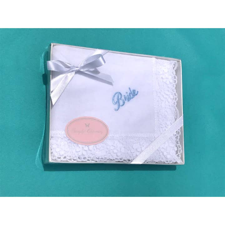 "Bride" Hanky W/ Blue Embroidery for wholesale by Simply Charming