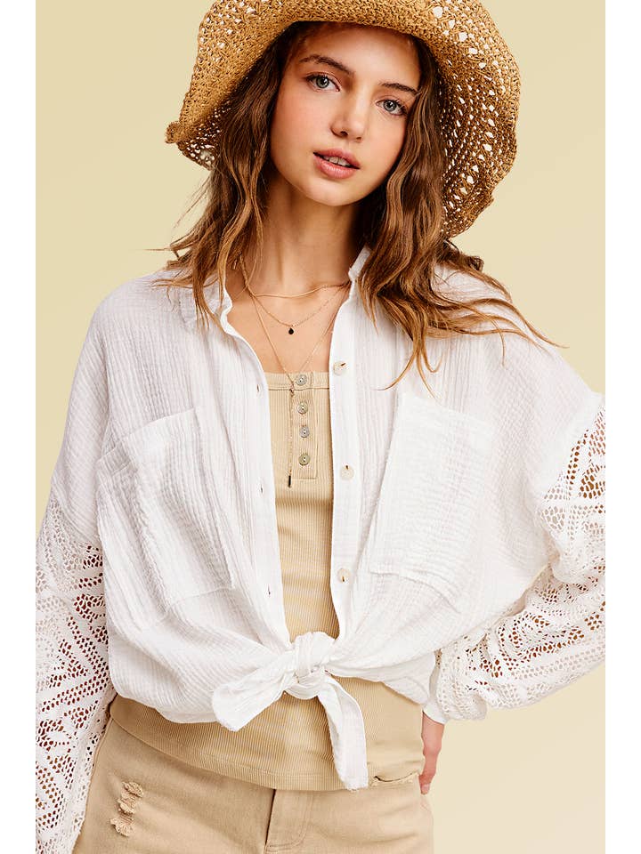 La Miel - Wholesale Button Down Shirt - Women's - SRT7455-Crochet Detailed Sleeve Gauze Button Down Shirts