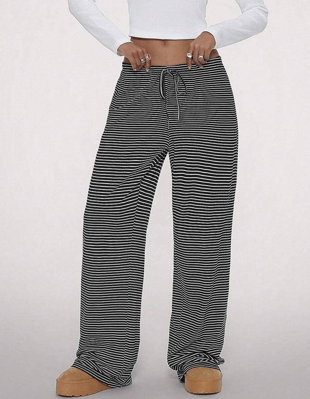 HIDDENBRAND - Wholesale Pants - Women's - Casual drawstring striped print wide-leg lounge pants3