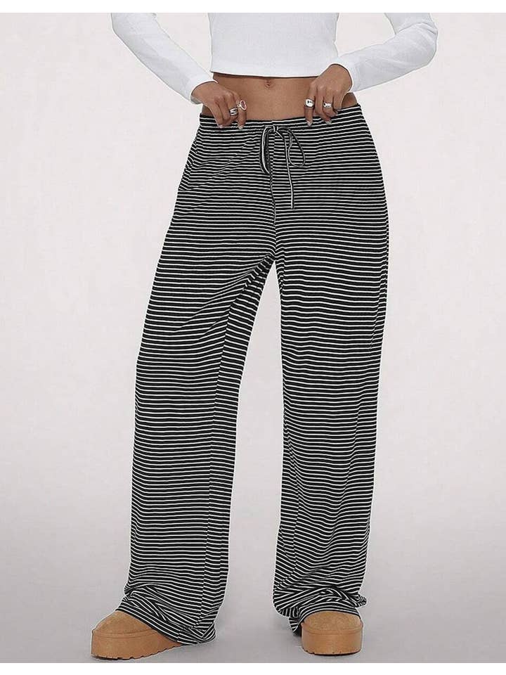 HIDDENBRAND - Wholesale Pants - Women's - Casual drawstring striped print wide-leg lounge pants3