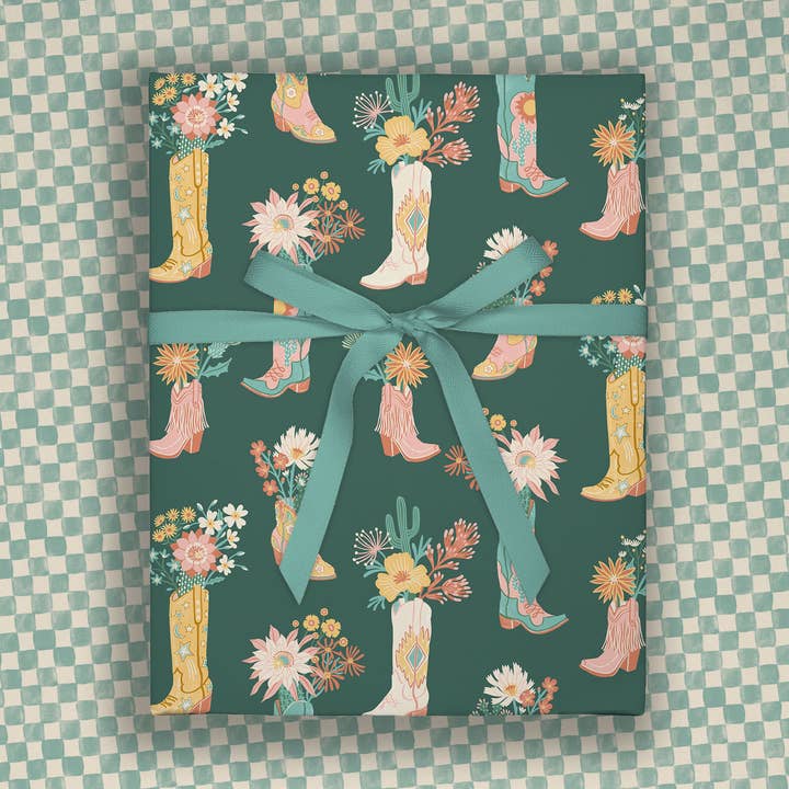 Blooming Cowgirl Boots | Flat Gift Wrap | Double-Sided for wholesale by O.O.M.F. Creative
