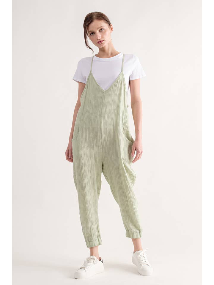 SAGE Casual Cotton Puff V-Neck Jumpsuit WMJ2892 for wholesale on Faire