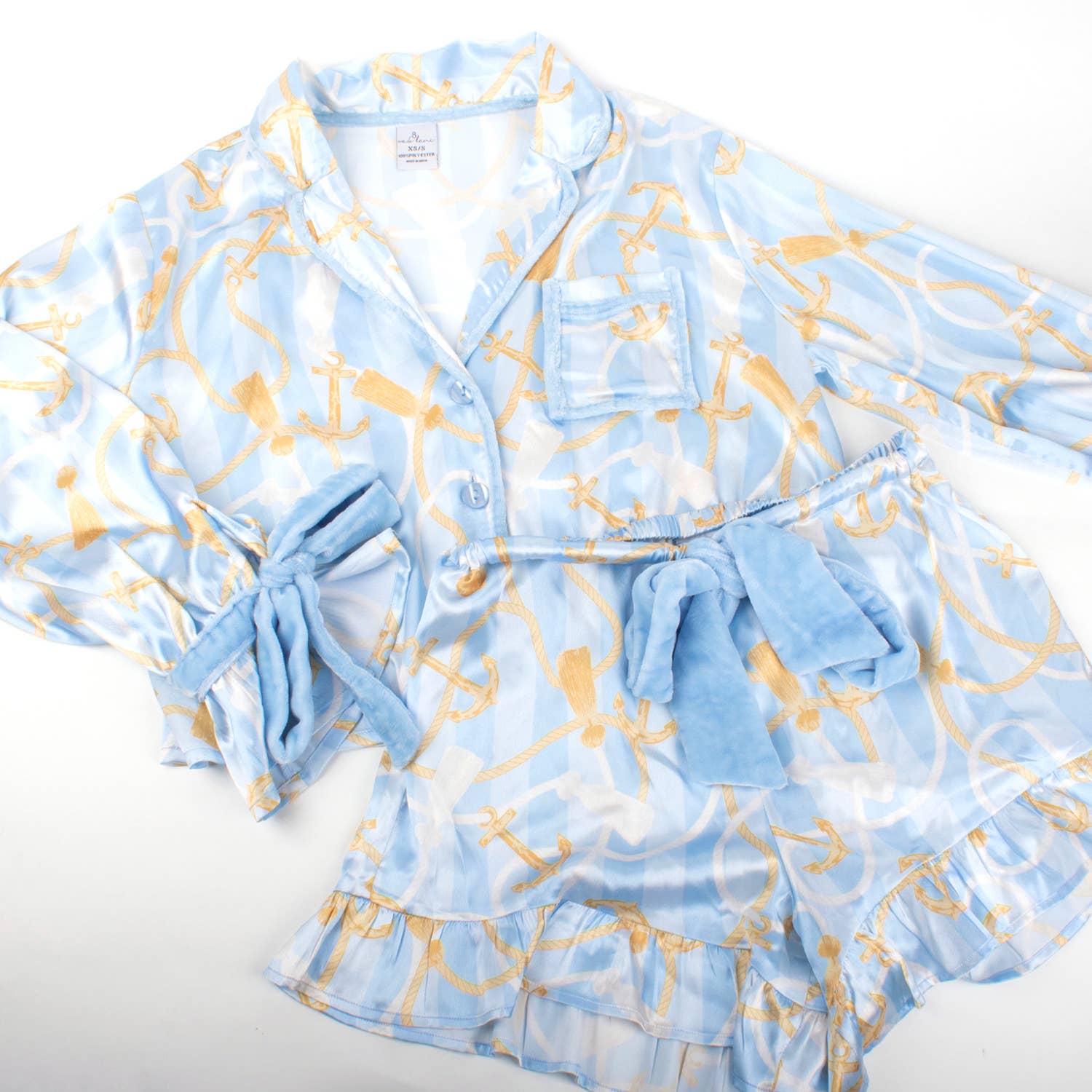 8 Oak Lane - Vente Haut et bas de pyjama – femme - Ensemble de pyjama court à volants en satin à rayures nautiques2