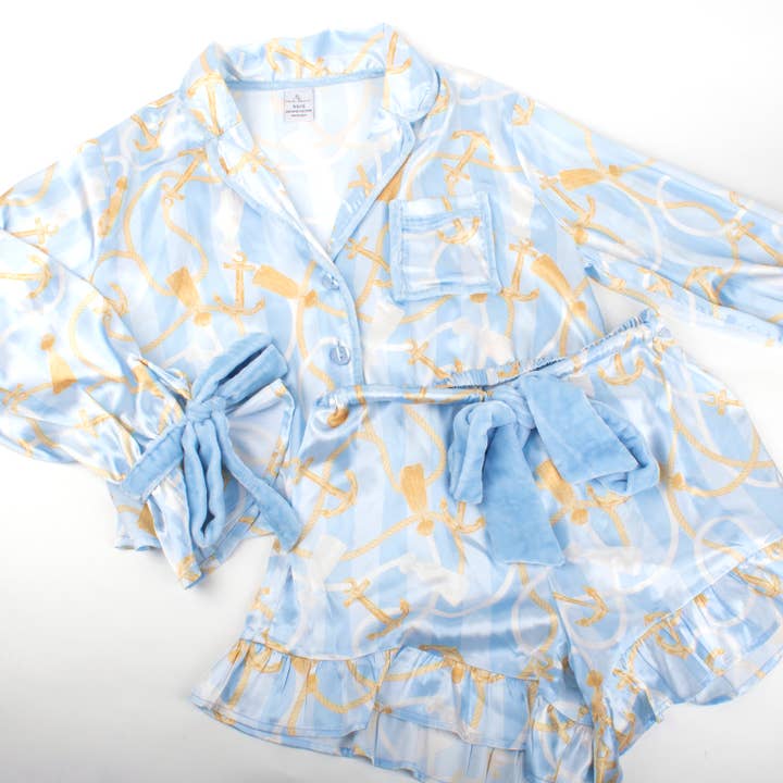 8 Oak Lane - Wholesale Sleepwear Set - Women's - Nautical Stripe Satin Ruffle Short PJ Set2