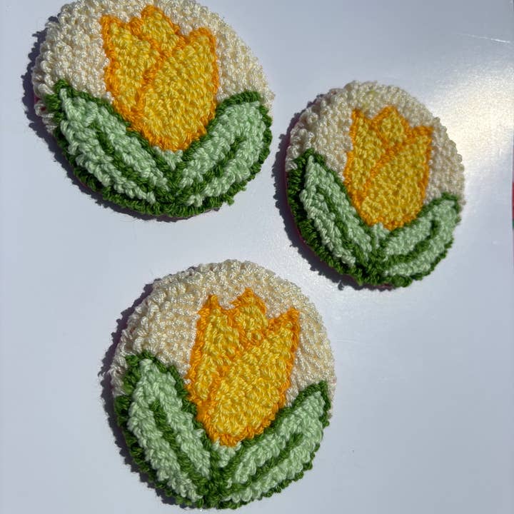 Honey Punches - Wholesale Car coaster – women's - Handmade punch needle yellow tulip car coaster, accessories 1