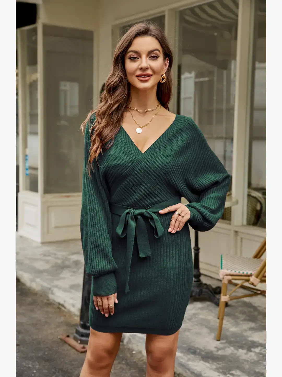 GEXWORLDWIDE – Engroshandel Kjole - Dame – Lang lanterneærme slank sweater omslagskjole akryl5