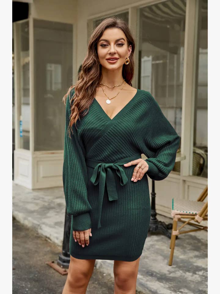 GEXWORLDWIDE – Engroshandel Kjole - Dame – Lang lanterneærme slank sweater omslagskjole akryl5