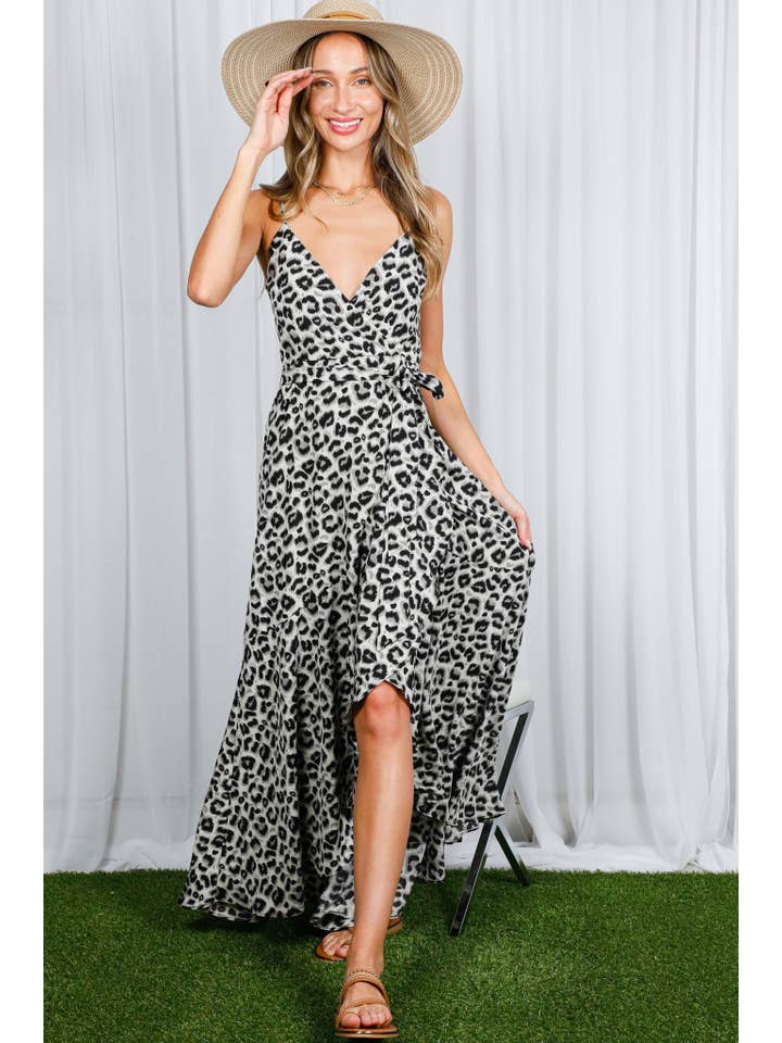 Vine & Love - Wholesale Dress - Women's - Adjustable Strap Tie Waist Leopard Printed Dress VD81413A9