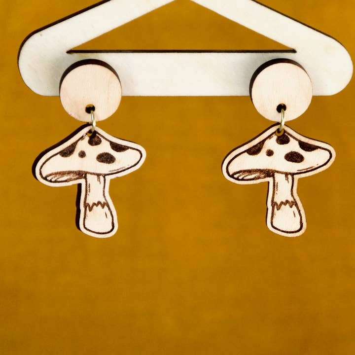 Wooden Mushroom Earrings for wholesale by Slate & Stone Co.