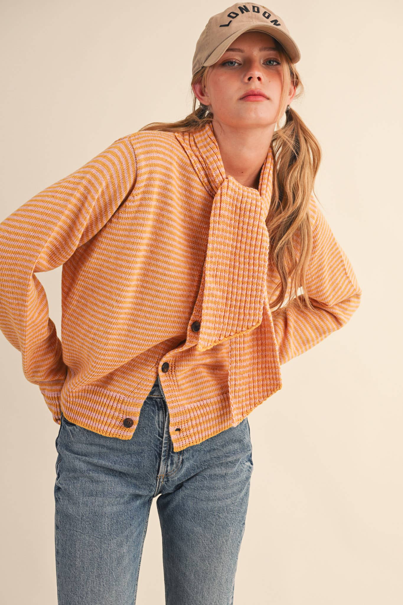 &MERCI - Wholesale Knit Sweater - Women's - STRIPED TYING NECK SWEATER CARDIGAN MSW1112521