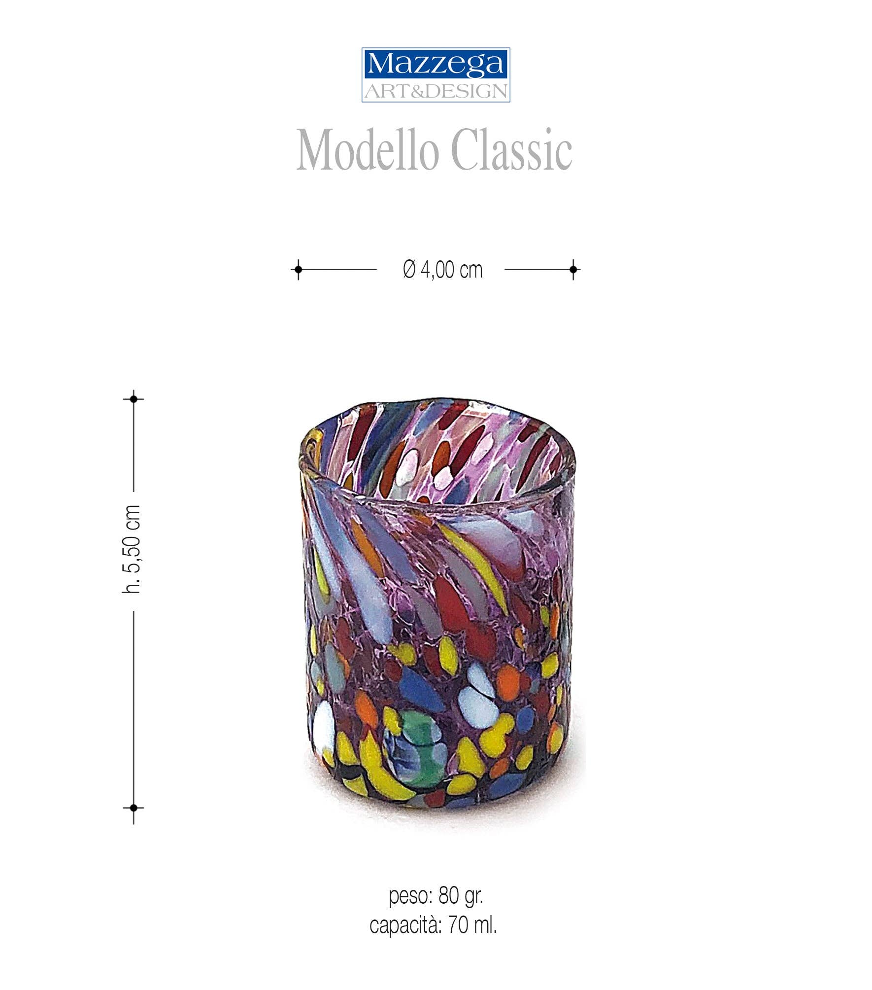 Mazzega Art & Design - Wholesale Shot Glass - Hand-Blown and Handcrafted Glass SHOT Glasses for Tequila with Murano Murrine The Colors of Murano Model SHOT 70 ml. Made in Italy15