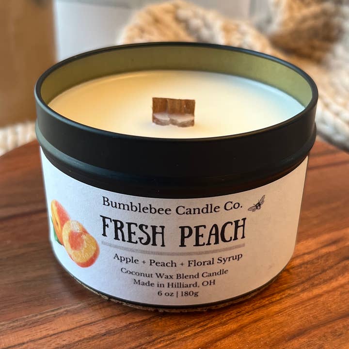 Fresh Peach | 6 oz Matte Black Tin | Coconut Soy Wax for wholesale by Bumblebee Candle Co.