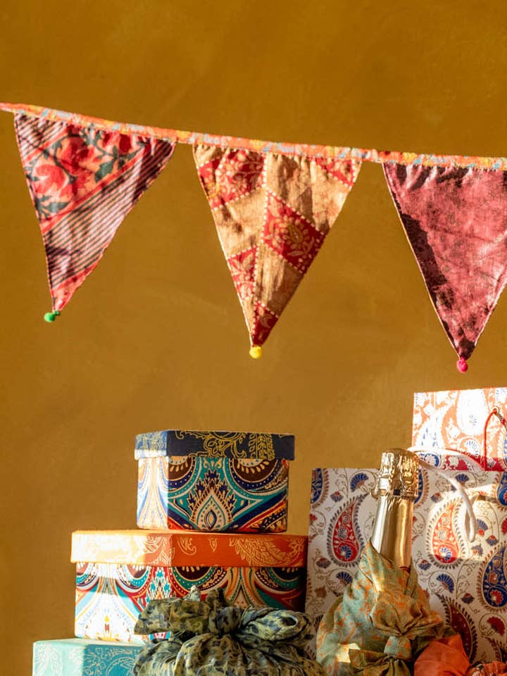 Small 2 Metre Recycled Sari Bunting for wholesale by The India Shop