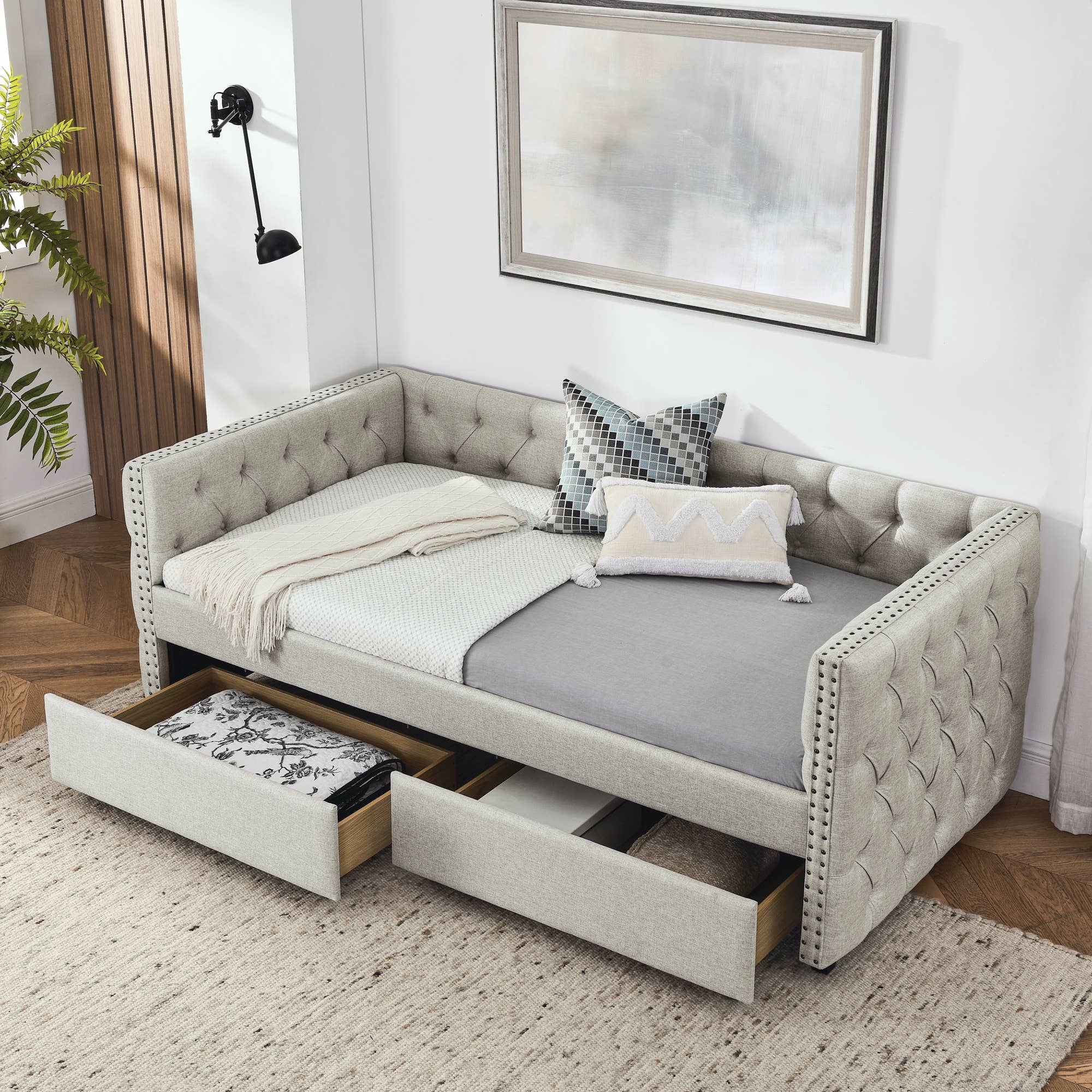 39F Inc. - Wholesale Bed - Upholstered Twin Size Daybed with Two Drawers with Button1