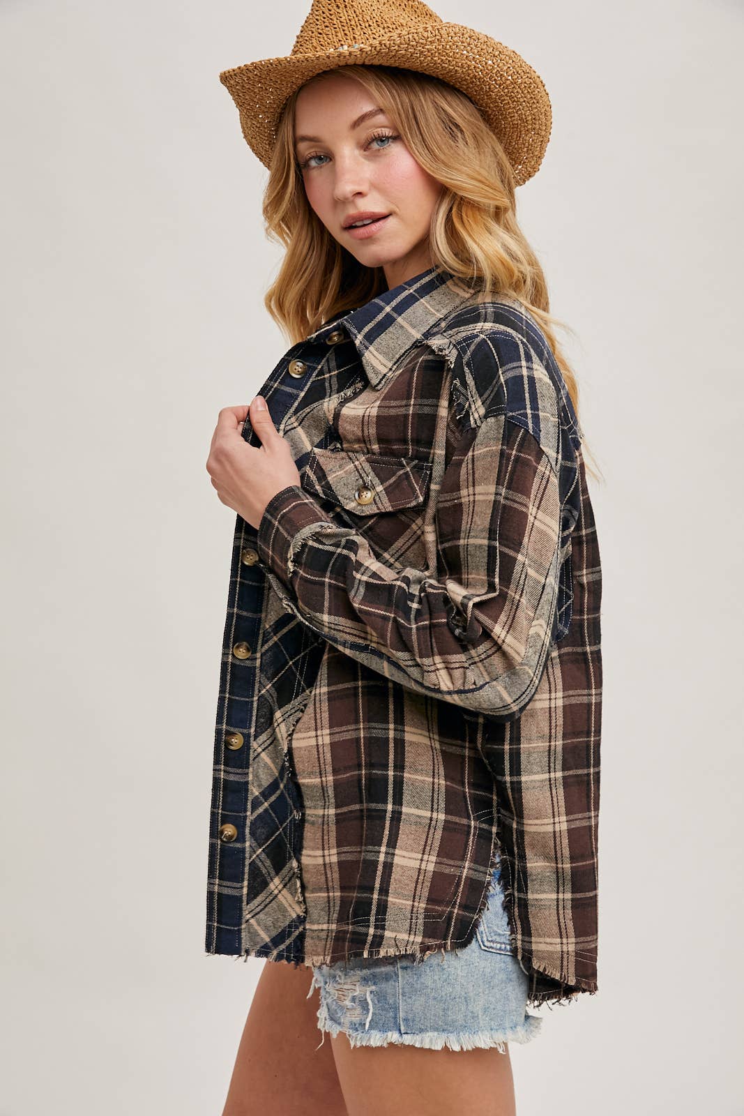 Bluivy - Wholesale Button Down Shirt - Women's - DISTRESSED HEM BUTTON DOWN PLAID SHIRT - 4TH OF JULY5