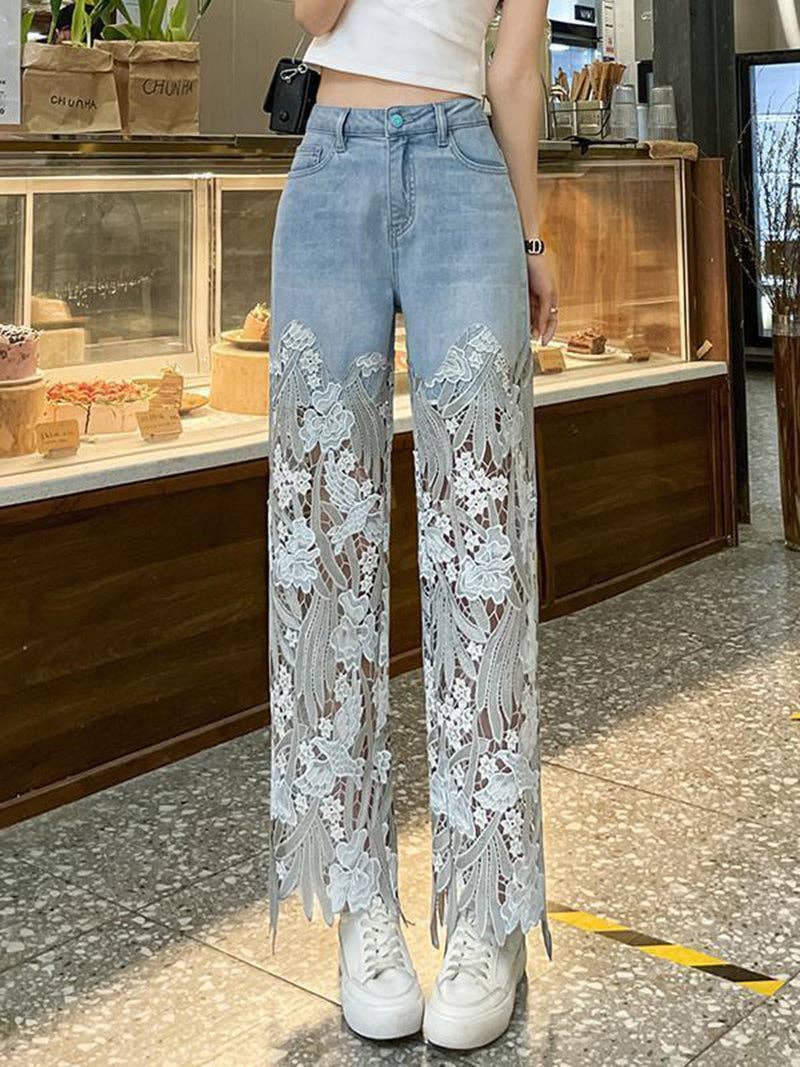 safistyle - Wholesale Jeans - Women's - Lace Denim Wide-Leg Pants0