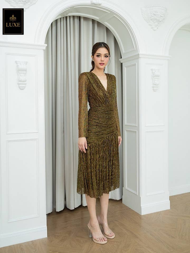 Draped Metallic Long Sleeve Midi Dress for wholesale by AlexyDesings