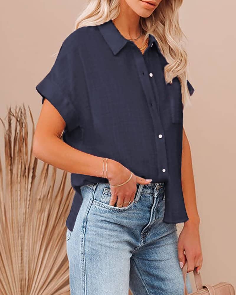 Rosa Clothing - Wholesale Button Down Shirt - Women's - Button-Lapel Pocket Slit Short-Sleeved Shirt10