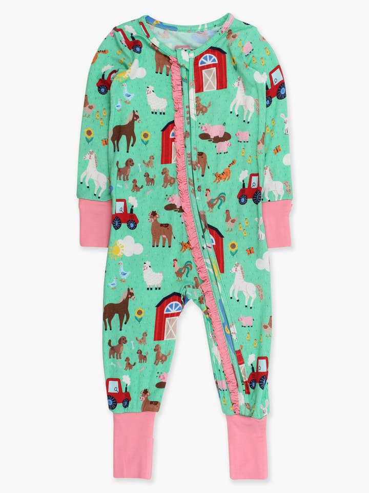 SoftSnooze™ Baby Girls Bamboo Viscose Farm Friends Convertible Ruffle One Piece Footie Pajama
 for wholesale by RuffleButts + RuggedButts
