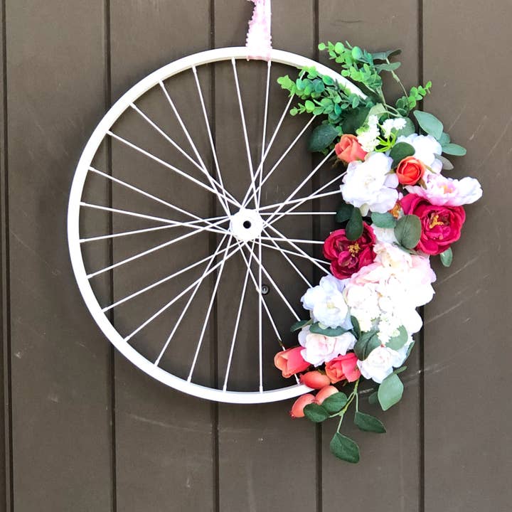Foundations Decor - Wholesale Wreath - White Bicycle Wheel Floral Wreath (marked down)